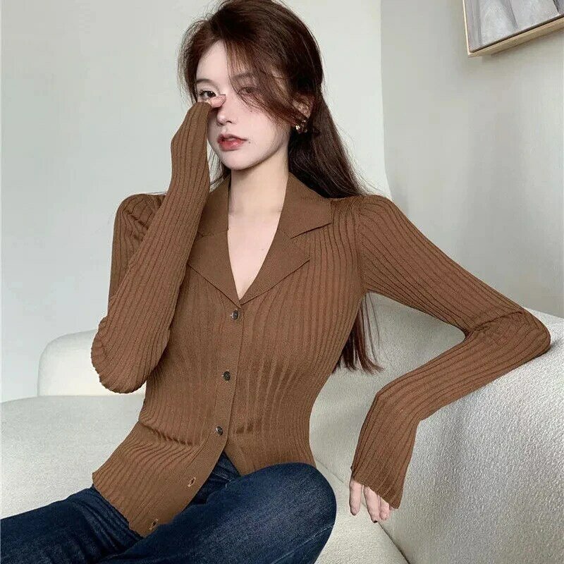 Rimocy Black Knit V Neck Cardigan Women Korean Fashion Long Sleeve Sweater Cardigans Woman Single Breasted Slim Fit Jumper Mujer