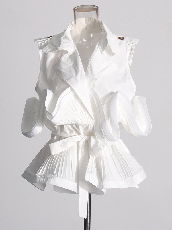 Женская однотонная блузка ROMISS, дизайнерская рубашка в стиле пэчворк на шнуровке, с отворотом, без рукавов, со складками, Элегантная блузка, женский стиль