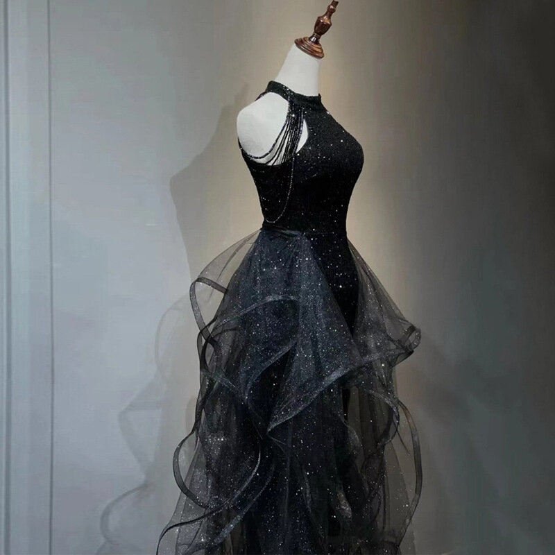 Black Mesh Patchwork Sequin Evening Dress Sexy Halter Strapless Party Fashion Wedding Formal Prom Gowns  vestido de festa