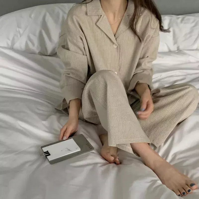 Conjunto de pijama feminino monocromático casual, peito único, gola virada para baixo, pijama primavera, outono, elástico na cintura, estilo japonês