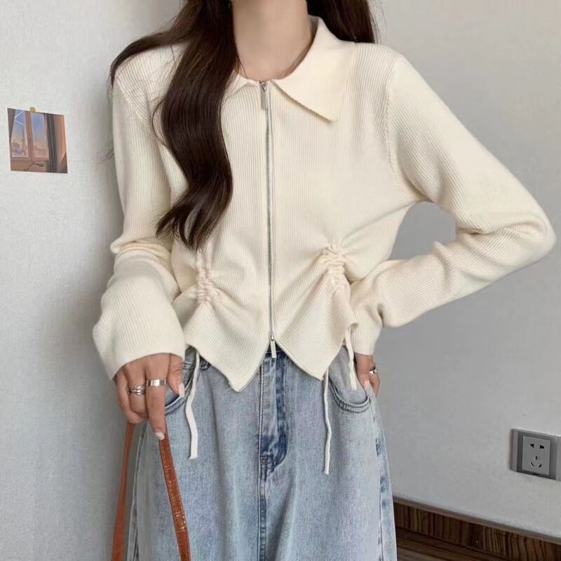 Spring New Womens Polo Neck Zipper Drawstring Knitted Shirt Top
