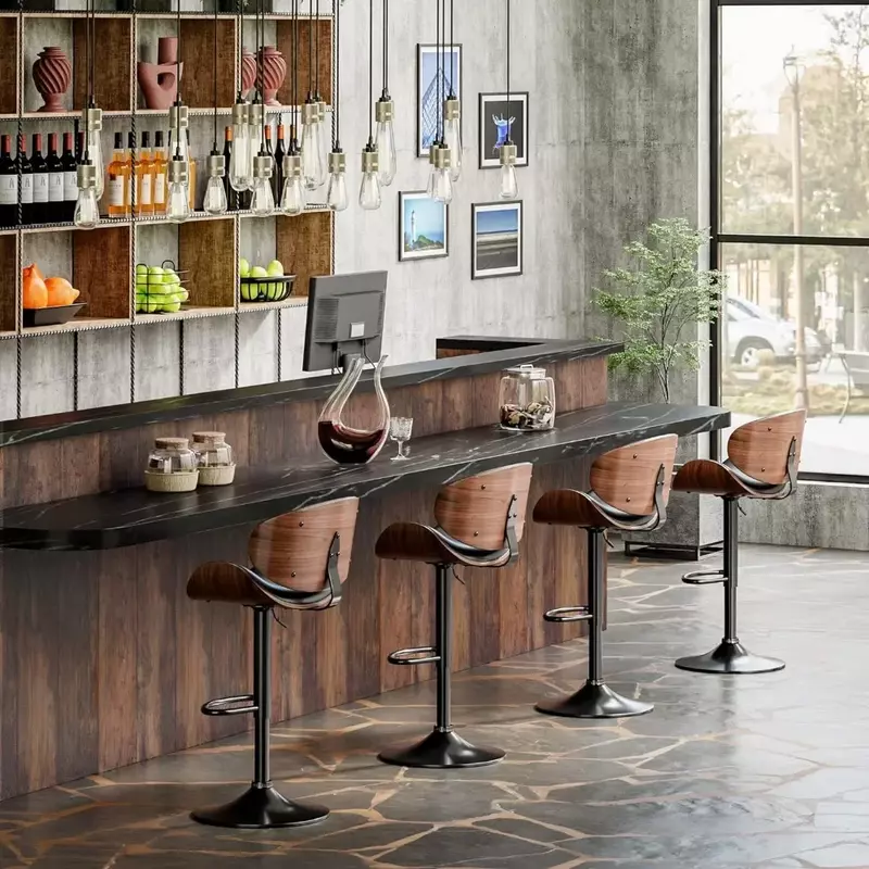 Taburete de Bar con respaldo, taburete tapizado de cuero, giratorio, ajustable, altura de mostrador, isla de cocina, sillas de Bar, Juego de 4