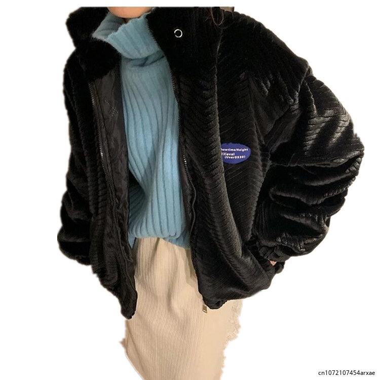 Новинка Осень-зима 2023, пальто из искусственного меха с воротником-стойкой, Полосатое средней длины, свободное утепленное пальто для женщин