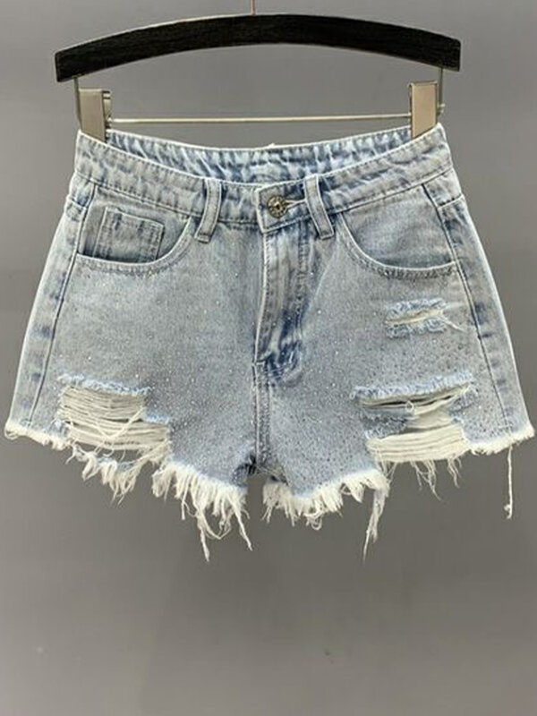 Calças jeans perfurantes de cintura alta, roupa feminina, perna larga, furadeira quente, lazer, verão, novo, elegante, 2022