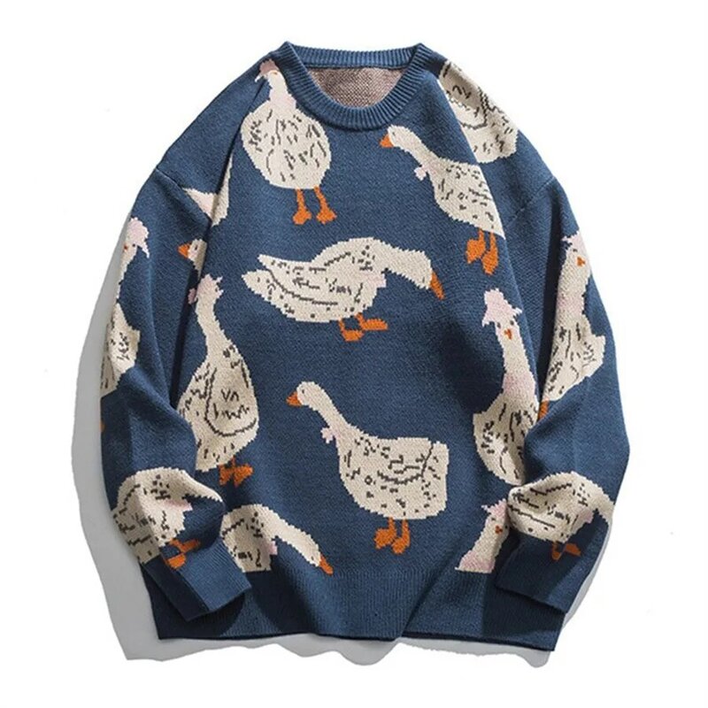 Pullovers Jacquard de pato hip-hop masculino, suéteres de malha Harajuku, streetwear casual com o pescoço, malhas soltas, outono
