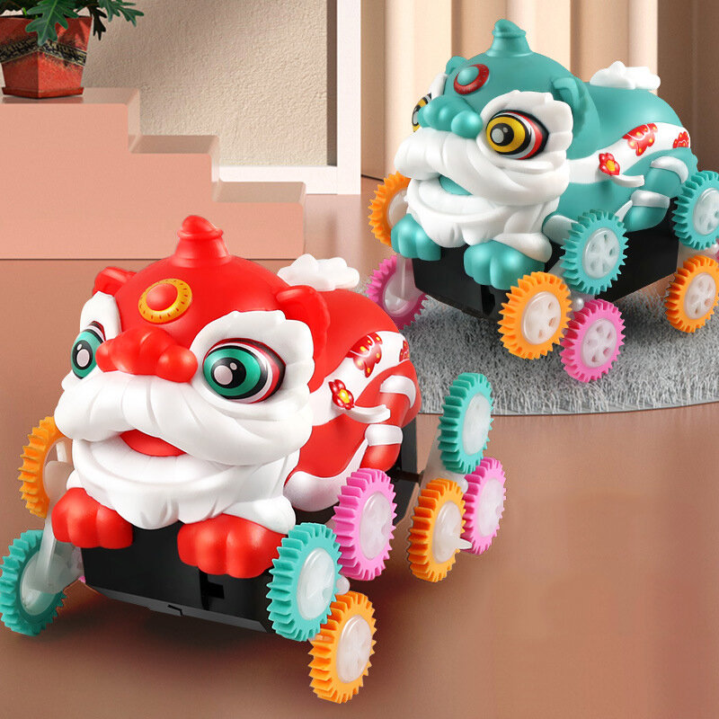 هدايا مضحكة لطيفة للأطفال أضواء LED كهربائية على الطراز الصيني الأسد الكرتون 12 عجلات الأسد 360 درجة سيارة لعبة عالية الجودة