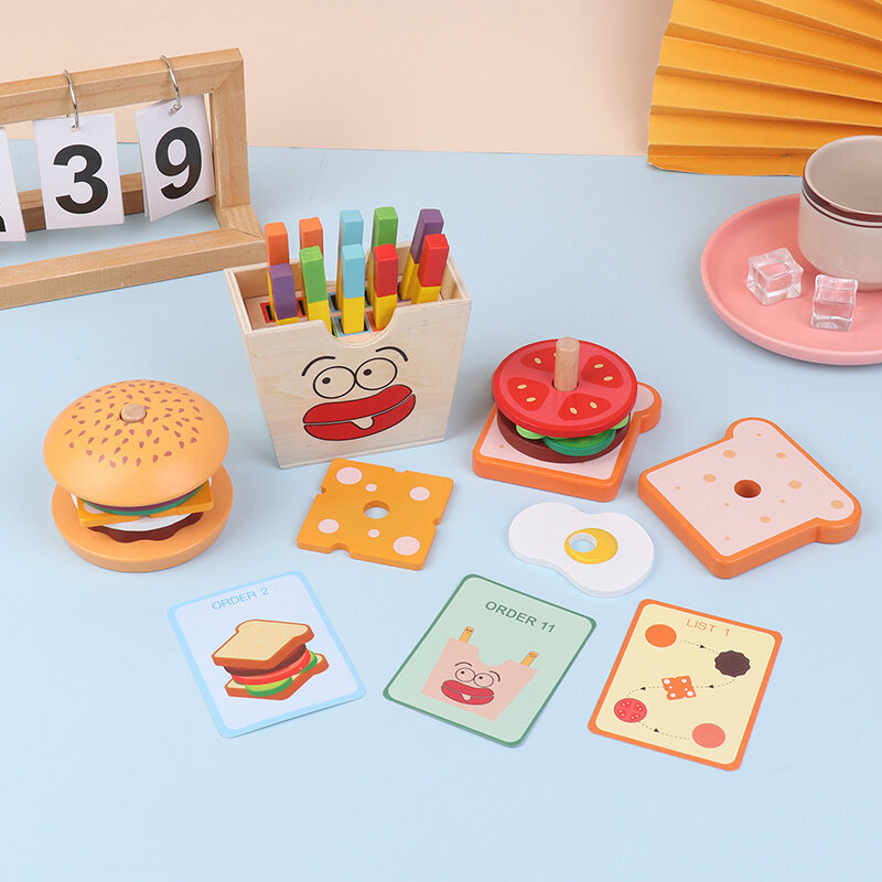 Zabawka Montessori dla dzieci, drewniany Hamburger kanapka frytki sortowanie układanie zabawek, nauka w wieku przedszkolnym udawaj zagraj w zabawkę z jedzeniem