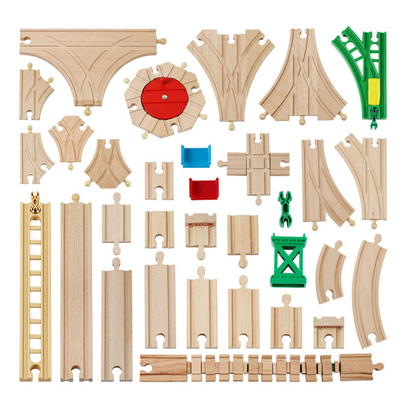 Juguetes de vías de tren de madera de haya para niños, accesorios de montaje, compatible con Biro, todas las marcas, pistas, juguetes educativos