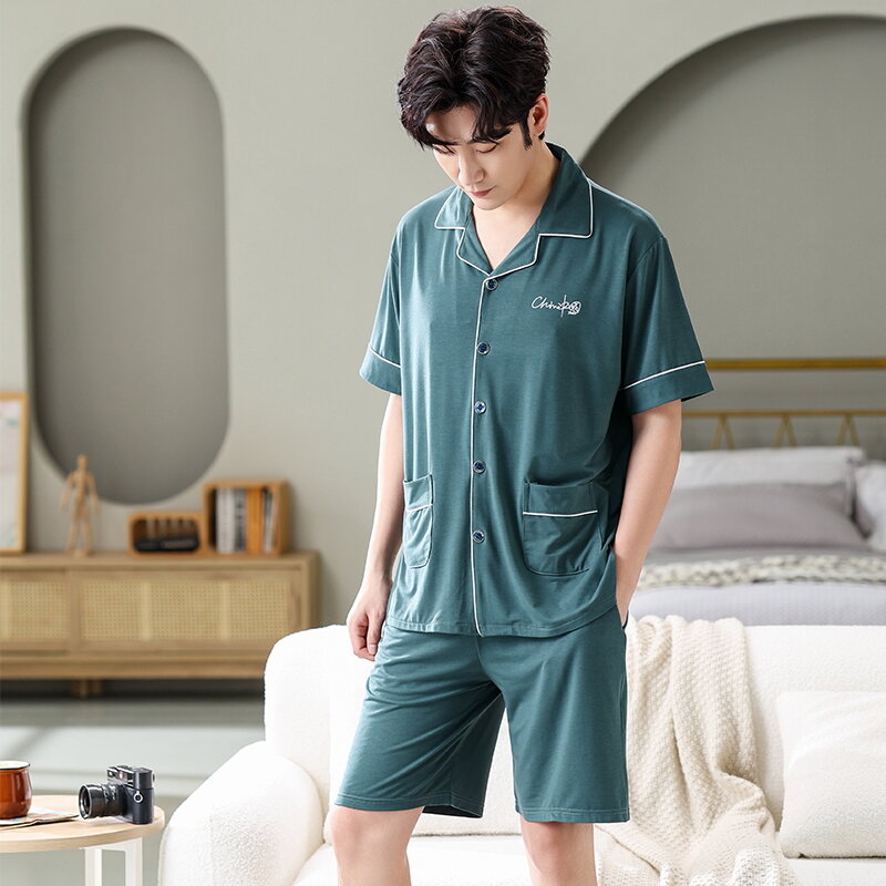 Cardigan Pajamas Set For Men Summer Shorts Two Piece Sleepwear Short Sleeved Pijamas Big Yards M-4XL Loungewear Modal Nightwear