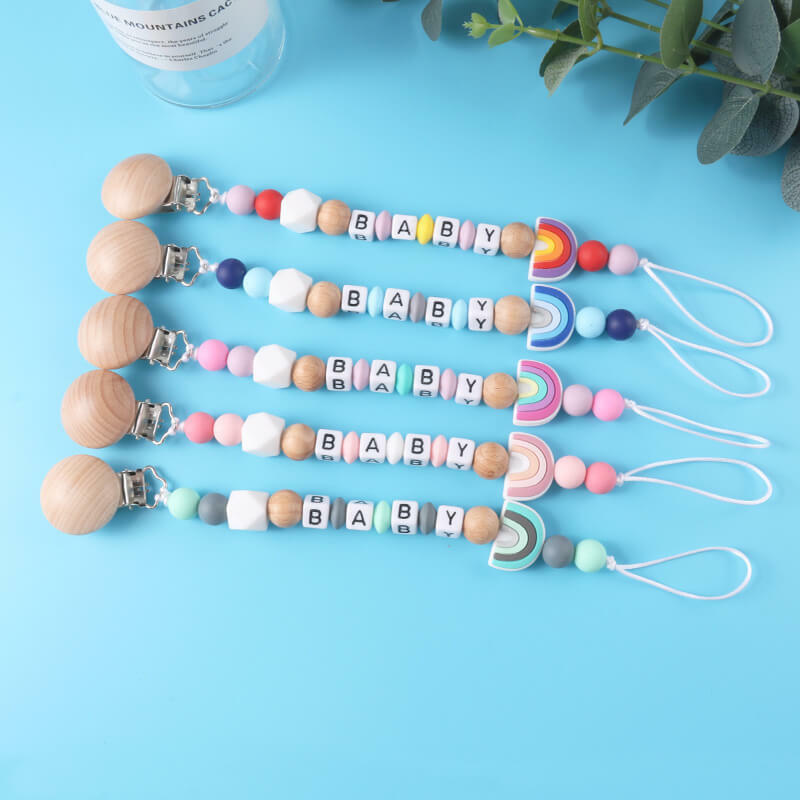 Clipe de chupeta de silicone personalizado para bebê, Cadeia personalizada do nome do bebê, comestível, mordedor do arco-íris para o chuveiro do bebê