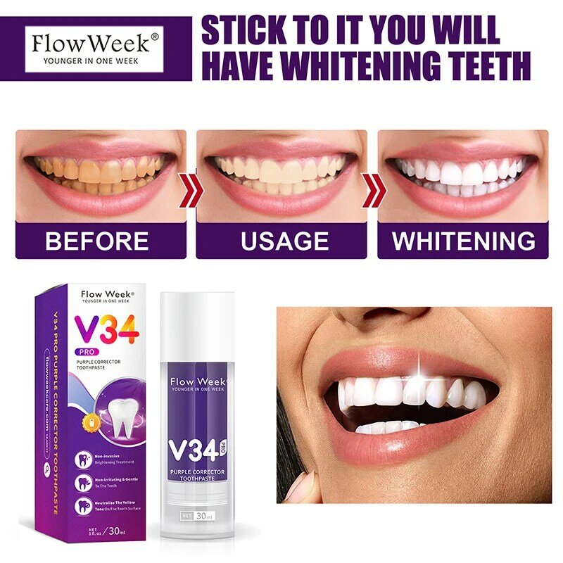 Flow Week V34 Pro pasta gigi korektor warna, pasta gigi ungu non-invasif pemutih gigi penghilang noda pemutih gigi