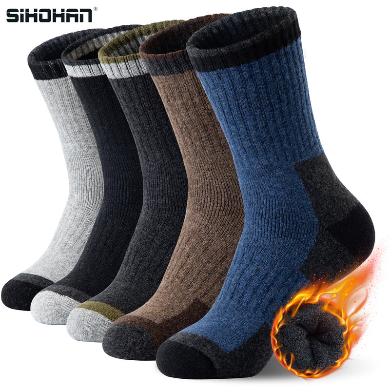 Meias Merino masculinas de caminhada, meias macias e quentes de inverno, meias casuais que absorem umidade para ambientes internos e exteriores, 5 pares