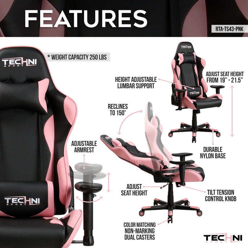 Эргономичный игровой стул Pink Techni для ПК с высокой спинкой, с поддержкой поясницы и подлокотниками