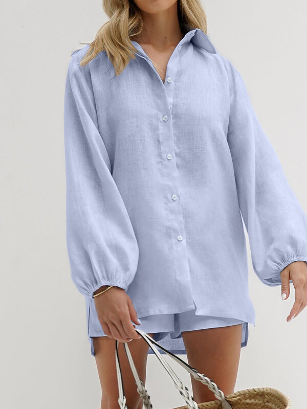 Martha qiqi blau Damen Nachtwäsche Set Turn-Down Kragen Pyjama Langarm Nachthemden Shorts lässig Baumwolle Damen Nachtwäsche Anzug