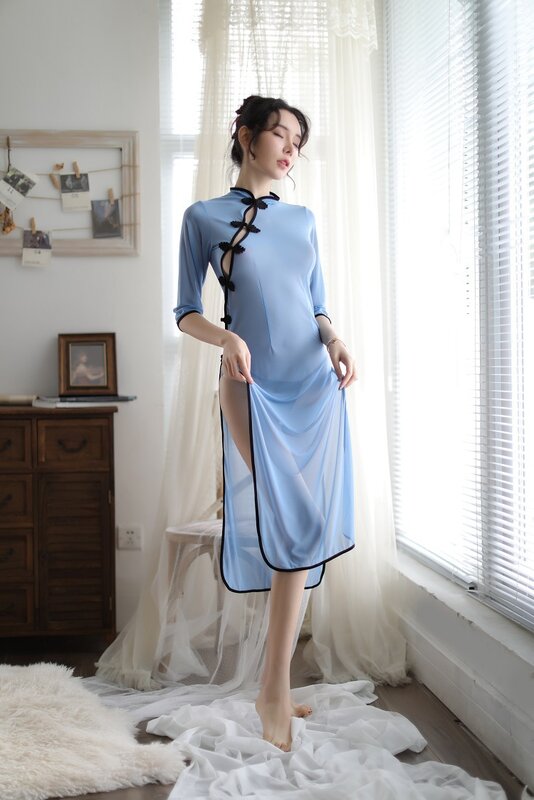 Prześwitujące kostiumy Cosplay bielizna gorąca erotyczna chińska sukienka długie qipao kobiety niebieskie koszule nocne