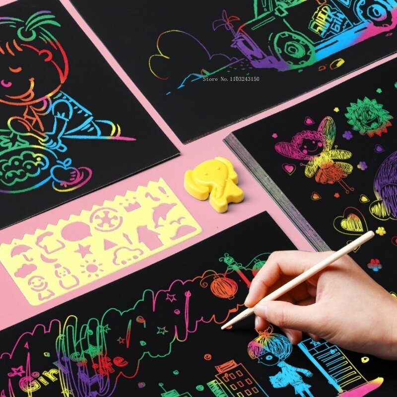 مجموعة ورق خدش سميك ، جرافيتي ملون ، فن يدوي للأطفال ، لوازم رسم إبداعية ، A4 ، 16k ، 50 ورقة