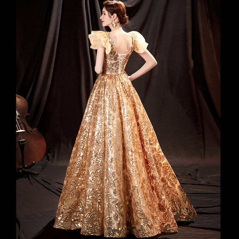 女性のためのゴールデンシャインのイブニングドレス,ヴィンテージチュールのフォーマルドレス,Aライン