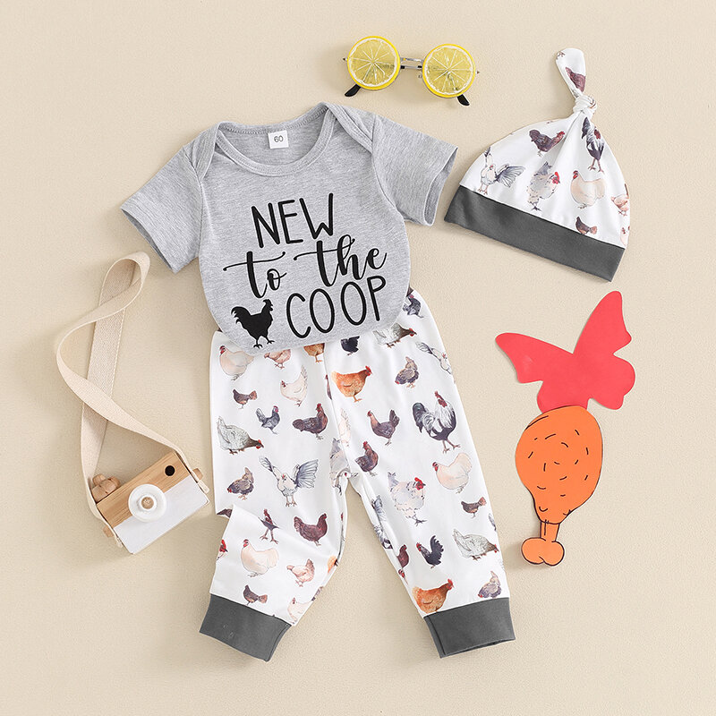 VISgogo Baby Boys Summer Outfits Letter Print Crew Neck Short Sleeve Rompers Rooster Hen Print Long Pants Hat 3Pcs Clothes Set