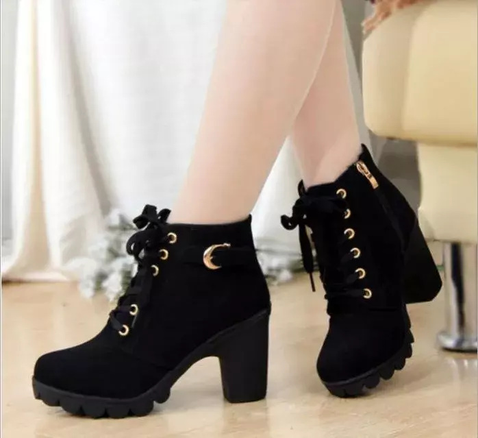 Boots Women Shoes Women Fashion High Heel Lace Up Ankle Boots Ladies Buckle Platform Artificial Leather Shoes bota feminina2021