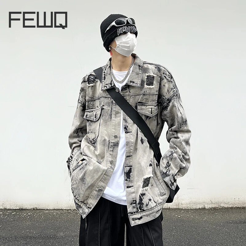 FEWQ-Veste en jean à simple boutonnage pour homme, revers, design de niche, manteau patchwork, tendance de la mode, haut High Street Tide, 24x9030, nouveau