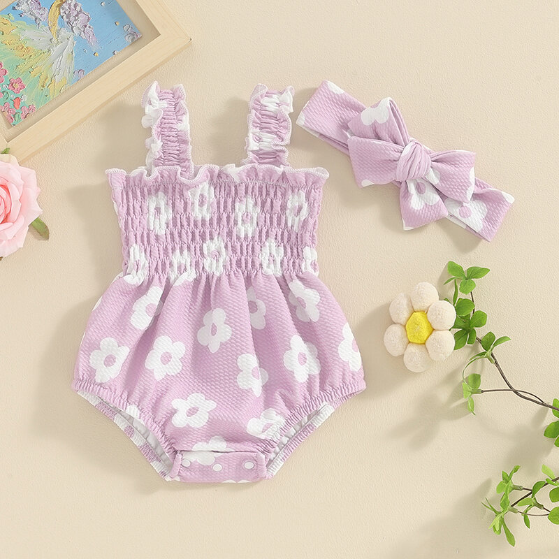0-18M neonata 2 pezzi abiti stampa floreale senza maniche pagliaccetto arricciato e fascia per capelli Set Toddler Infant Cute Fashion Summer Clothes