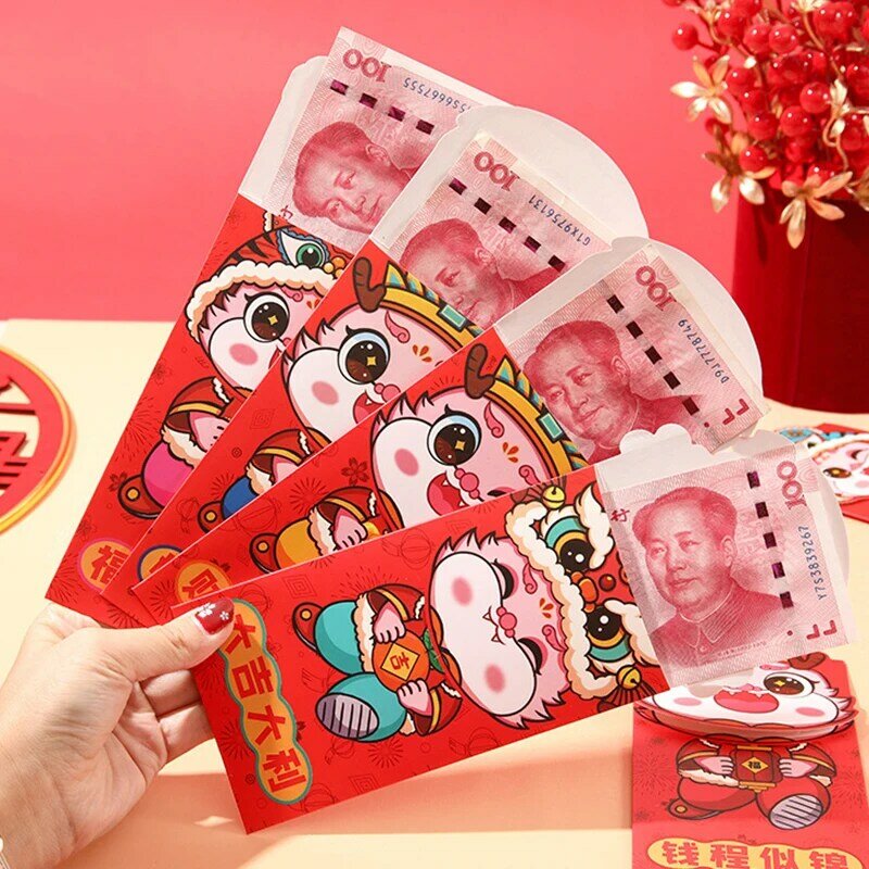 Pacote vermelho criativo para o ano novo chinês, saco de dinheiro da sorte, presente do festival da primavera, pacote vermelho, ano novo do dragão, envelopes vermelhos, 6pcs