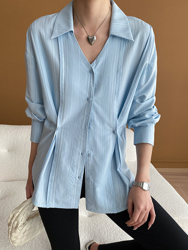 Рубашка LANMREM женская с присборенной талией, Офисная однобортная блуза с отложным воротником, лето 2024