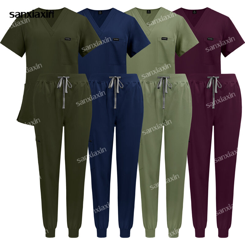Stretch médico enfermeira uniforme para homens e mulheres, Conjuntos de esfrega hospitalares, Vestuário de enfermagem, Top e calças, Novo Design