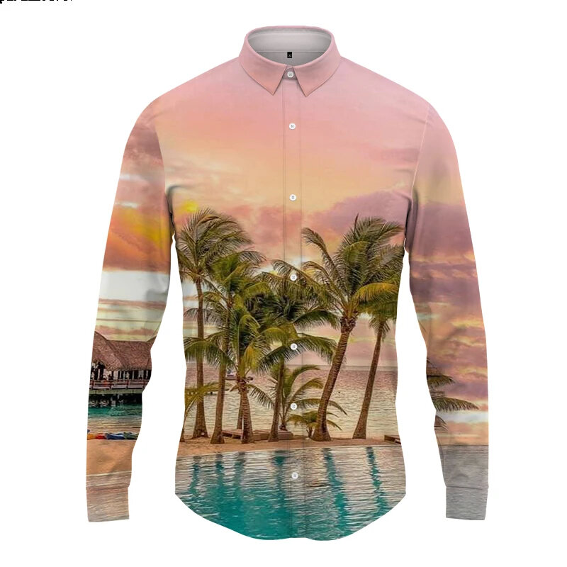 Hawaii Kokosnuss baum 3D-Druck Shirt Frühling und Herbst neue hochwertige Langarmhemd Street Fashion Button Shirts & Blusen