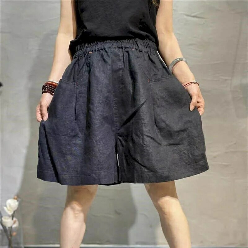 Cotton Linen Shorts Women Summer  Vintage Elastic Waist Wide Leg Pants Casual Loose Oversized Five-point Shorts Women Clothing