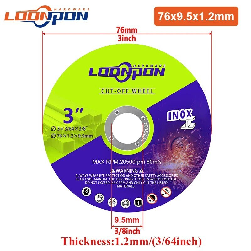 Loonpon-円形切断用の樹脂カッティングブレード,75mm/3インチ,9.5mm,ディスク,アングルグラインダー,金属用,ステンレス鋼