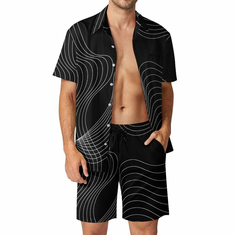 Abstrakcyjne linie w paski zestawy dla mężczyzn falowany zestaw koszula na co dzień estetyczne spodenki do fitnessu na lato garnitur dwuczęściowe ubrania