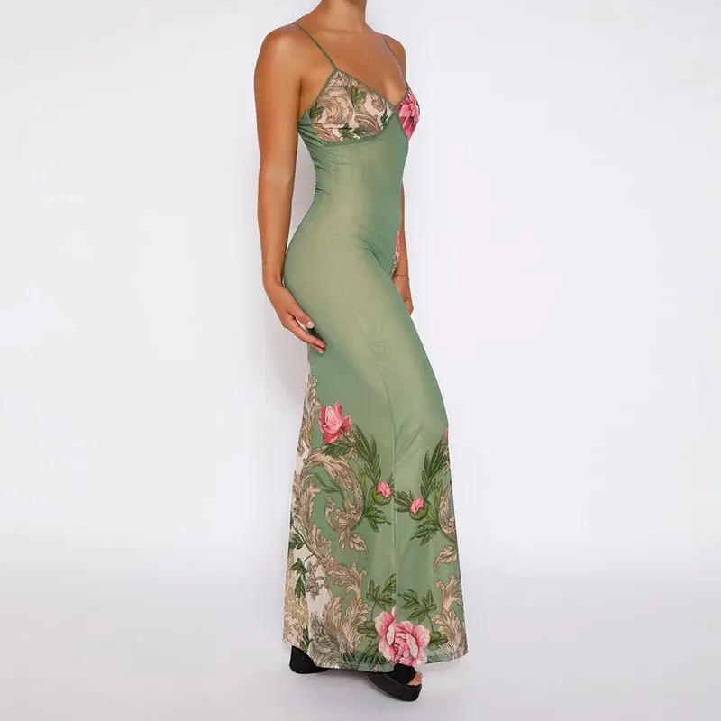 Женское облегающее платье на бретелях, длинное пляжное платье без рукавов с принтом и V-образным вырезом, модель JY23159SK на лето, 2023