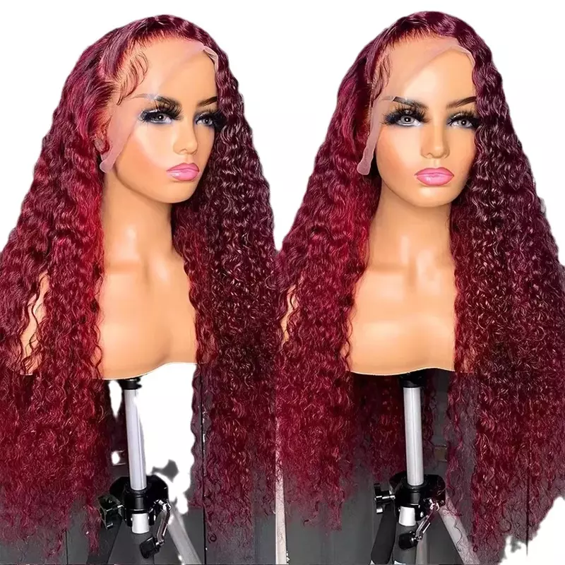 13x4 Frontal Lace Wig Wine Red Small Roll Curly Women Long Human Hair Full Head Cover Lace Front Wigs Cosplay