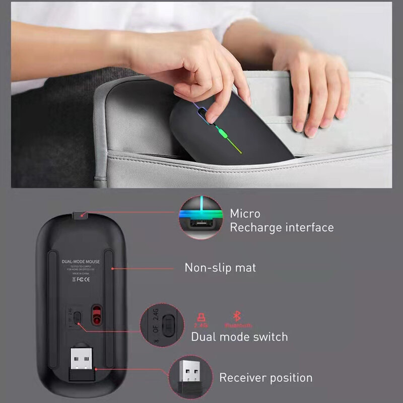 Souris sans fil LED aste USB, souris RVB compatible Bluetooth, souris ergonomique silencieuse avec rétroéclairage pour ordinateur portable, PC, iPad