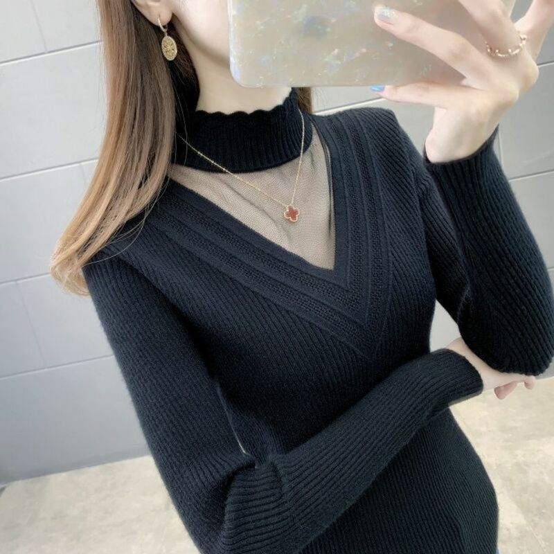 Spring And Autumn New Women's Half Turtleneck Knitted Bottoming Sweater Autumn And Winter Lace Slim Fit Long Sleeve Top All-matc