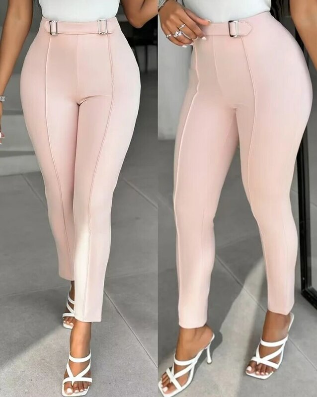 Women's New Fashion Buckled Piping High Waist Skinny Pants Women Clothes Temperament Commuting Female Casual Plain Trousers