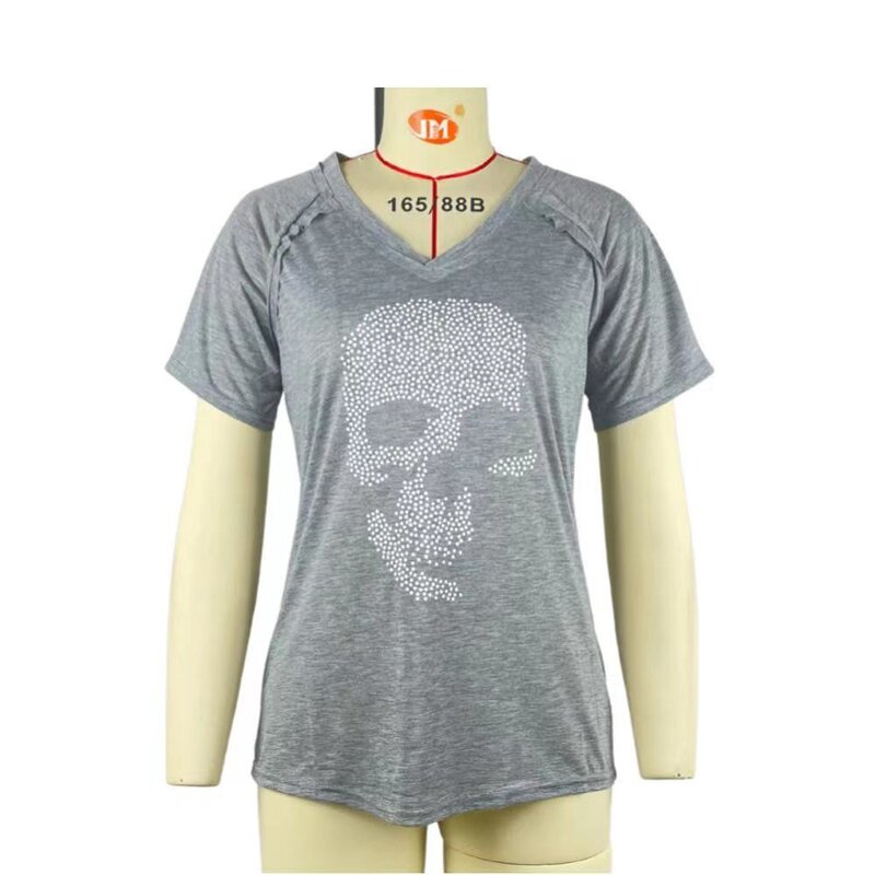 2023 Summer Women T-Shirts Casual Black Fashion V Neck Pullover Short Sleeve Printed Loose Daily Fashion Tops Design Clothe
