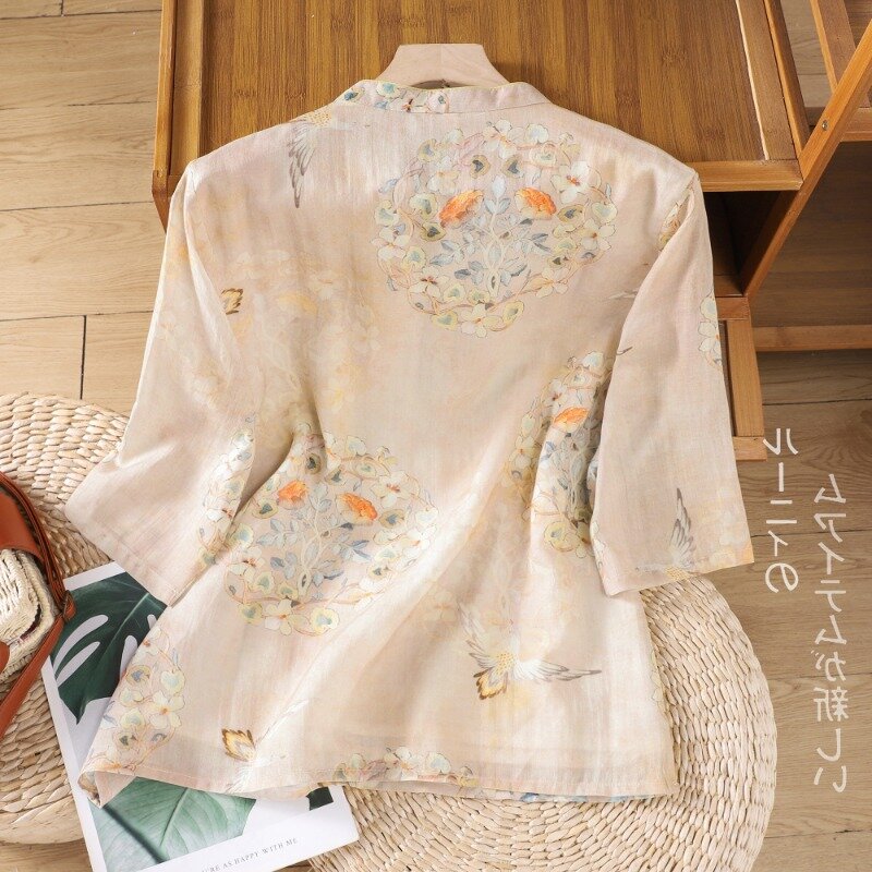 2024 Summer New Chinese Large Cotton and Hemp Loose Shirt Women's Round Neck Embroidered Top Small Shirts Female Clothing