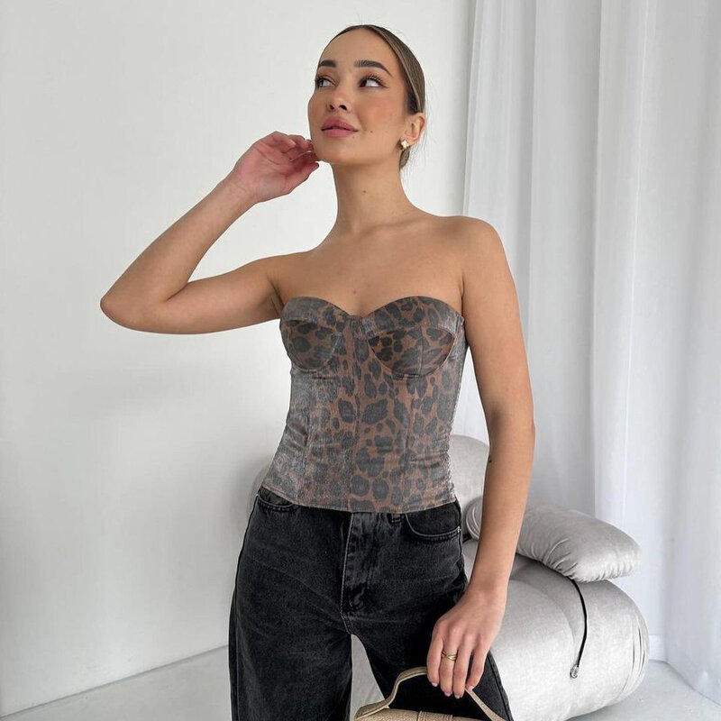 Spicy Girl Spring/Summer Sexy Bra With Leopard Pattern Design Feeling Close Waist, Show Collarbone Slimming Fit, Cover Off