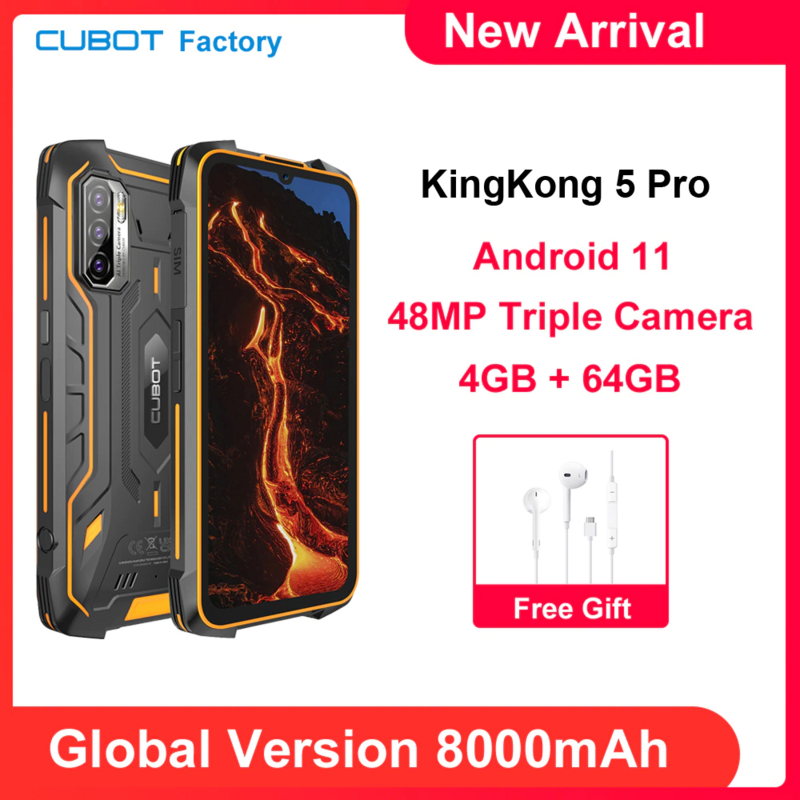 هاتف Cubot Kingkong 5 Pro الذكي القوي 8000mAh يعمل بنظام الأندرويد 11 IP68/IP69K الإصدار العالمي 4GB 64GB سماعات مزدوجة بصوت عال NFC الهواتف المحمولة