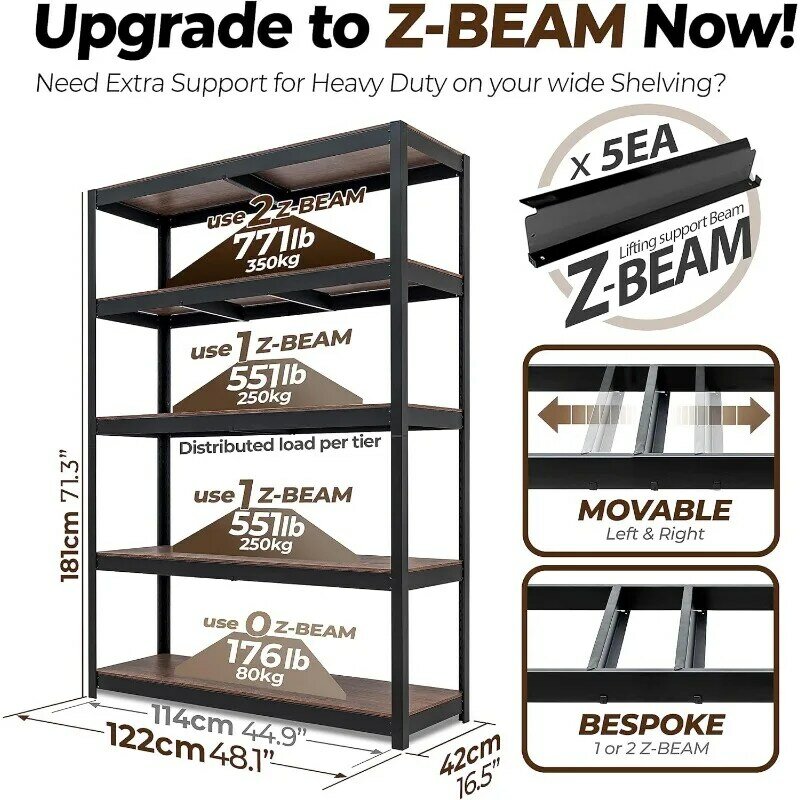 HOMEDANT House Z-Beam 48" Wide Heavy Duty Garage Storage Shelving Adjustable 5-Tier Metal Shelves Laminated