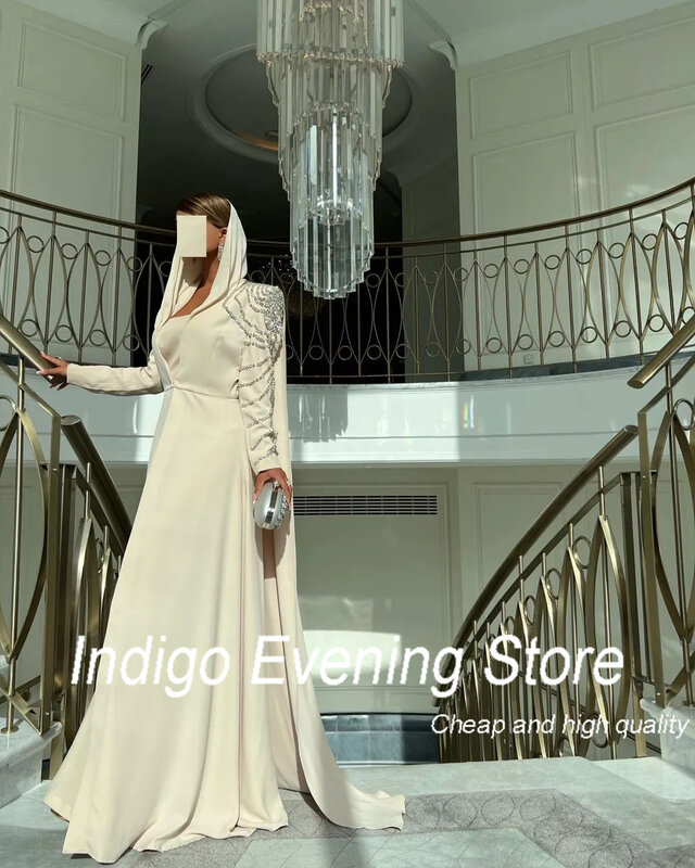 Gaun Prom bertudung Indigo gaun pesta Formal bulu sepanjang lantai jubah kristal lengan penuh untuk wanita 2024 Robe De Soiree