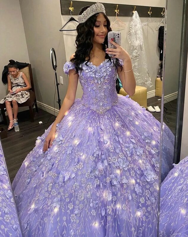 Lavender Princess Quinceanera Dresses Ball Gown Off The Shoulder Floral Lace Beaded Sweet 16 Dresses 15 Años Mexican