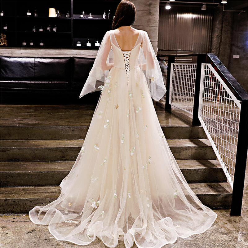 Gaun pernikahan lampu pagi Tulle perspektif bunga punggung terbuka gaun malam mewah 2023 gaun acara Formal pesta