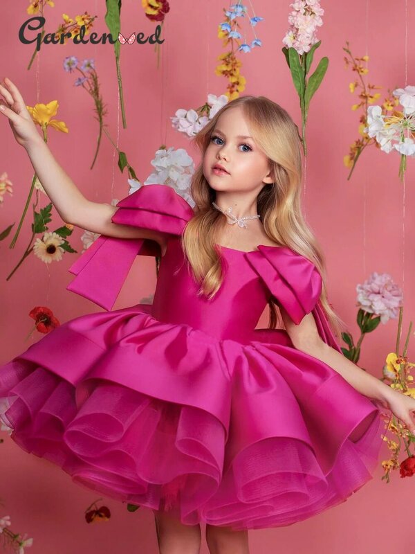 Blumen mädchen Kleid Schichten geschwollene Ärmel Prinzessin Mädchen Kleid Rose Satin Bogen Kind Party Geburtstags kleider Kleid