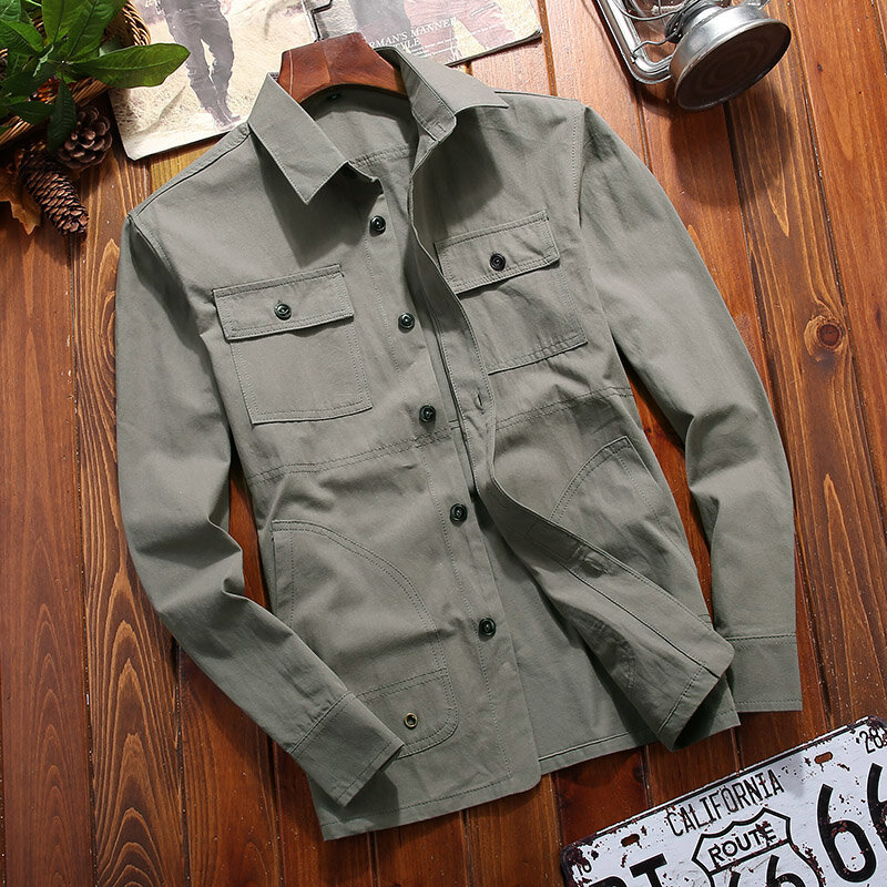 Spring Thin Shirt 2024 New Middle-aged Men's Retro Solid Color Hiking Fishing Top Simple Fashion Men's Long Sleeve Cargo Coat
