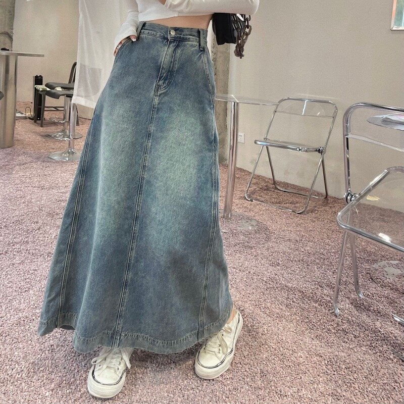 Женская джинсовая юбка с завышенной талией, трапециевидной формы