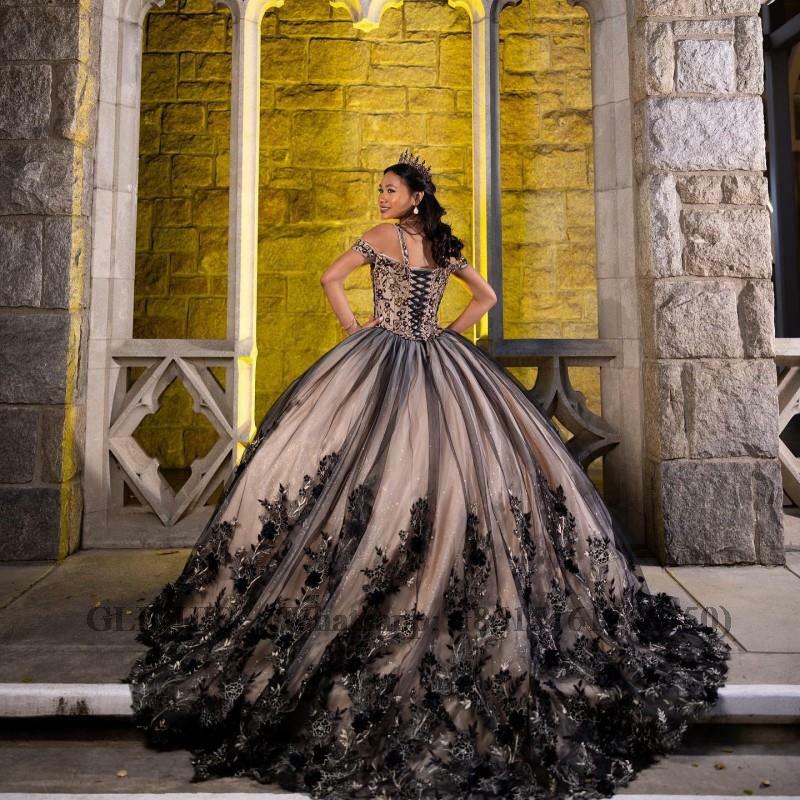 Doymeny Princesa Tulle vestido de baile, Vestidos Quinceanera, 15 Anos Apliques, 3 Flower Ballkleid Dress