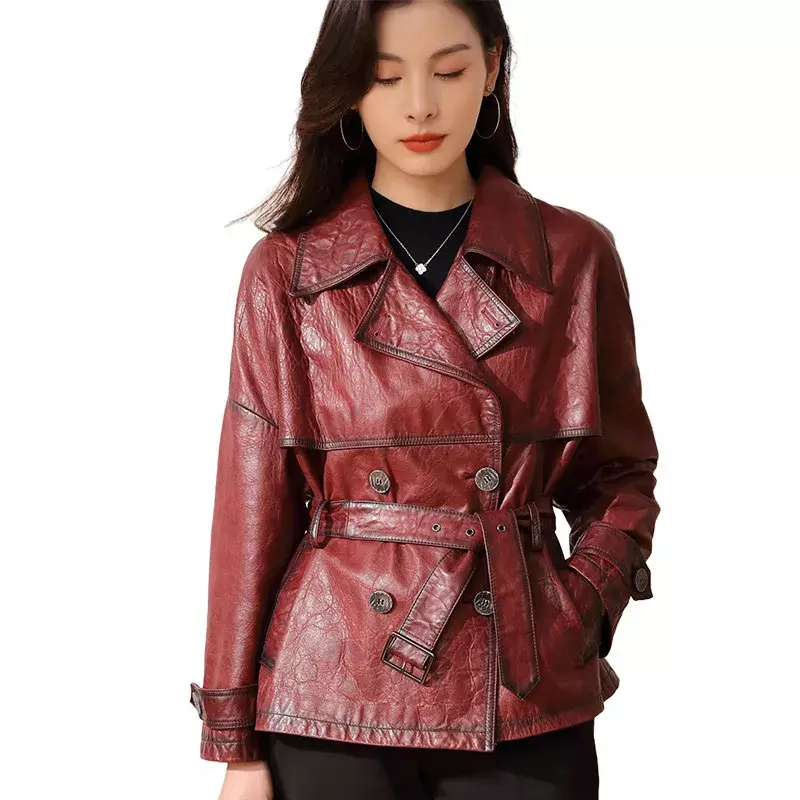 AYUNSUE-Chaqueta de piel auténtica para mujer, abrigo Vintage de piel de oveja auténtica, chaquetas ajustadas de cuero con cordones elegantes, 2023